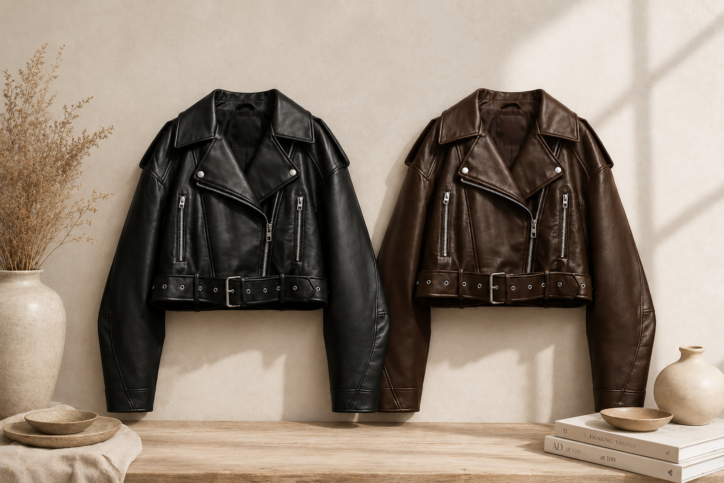 Veste courte en similicuir PU avec ceinture et fermeture éclair - biker style