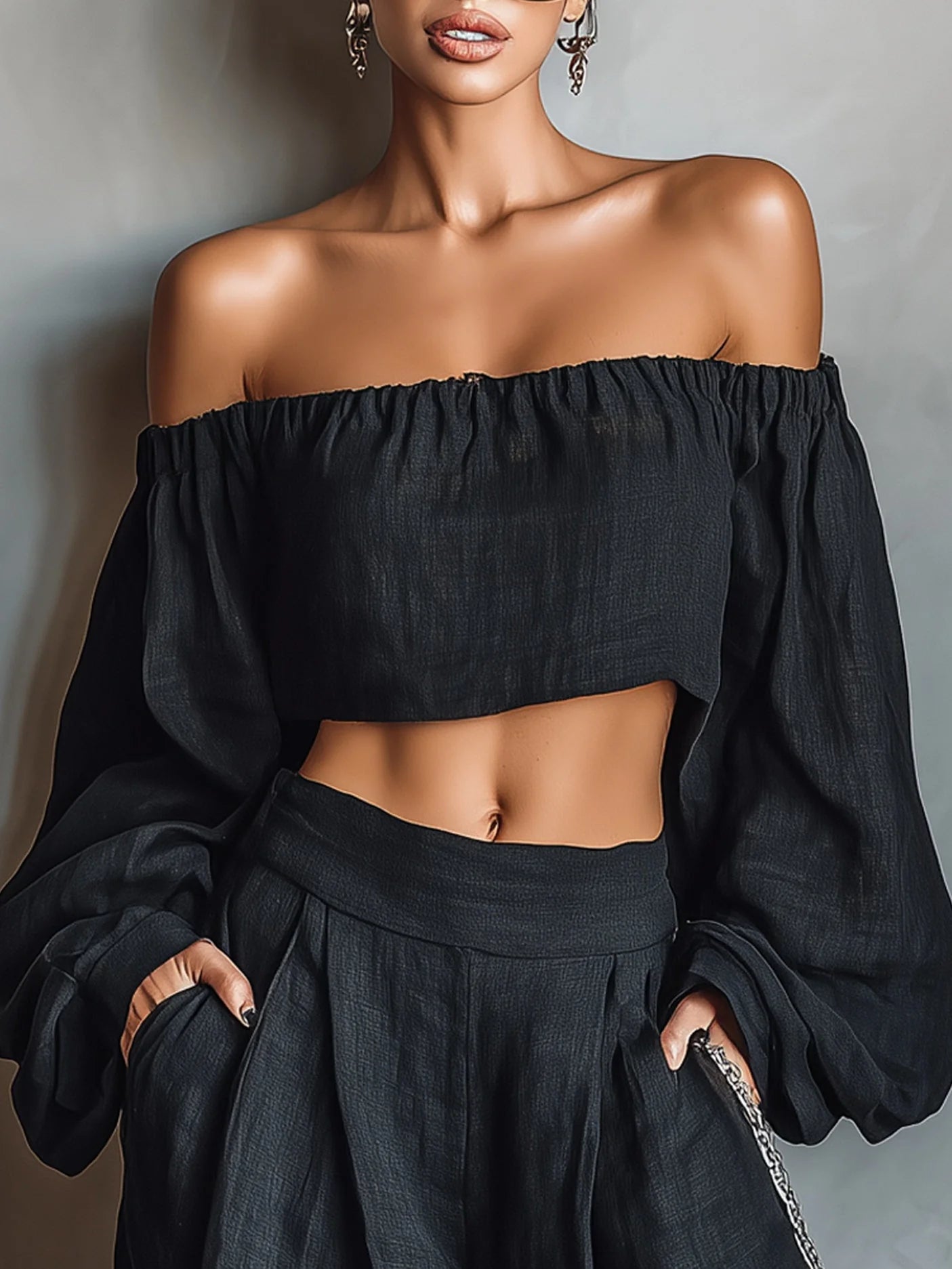 Ensemble top épaules dénudées et pantalon large