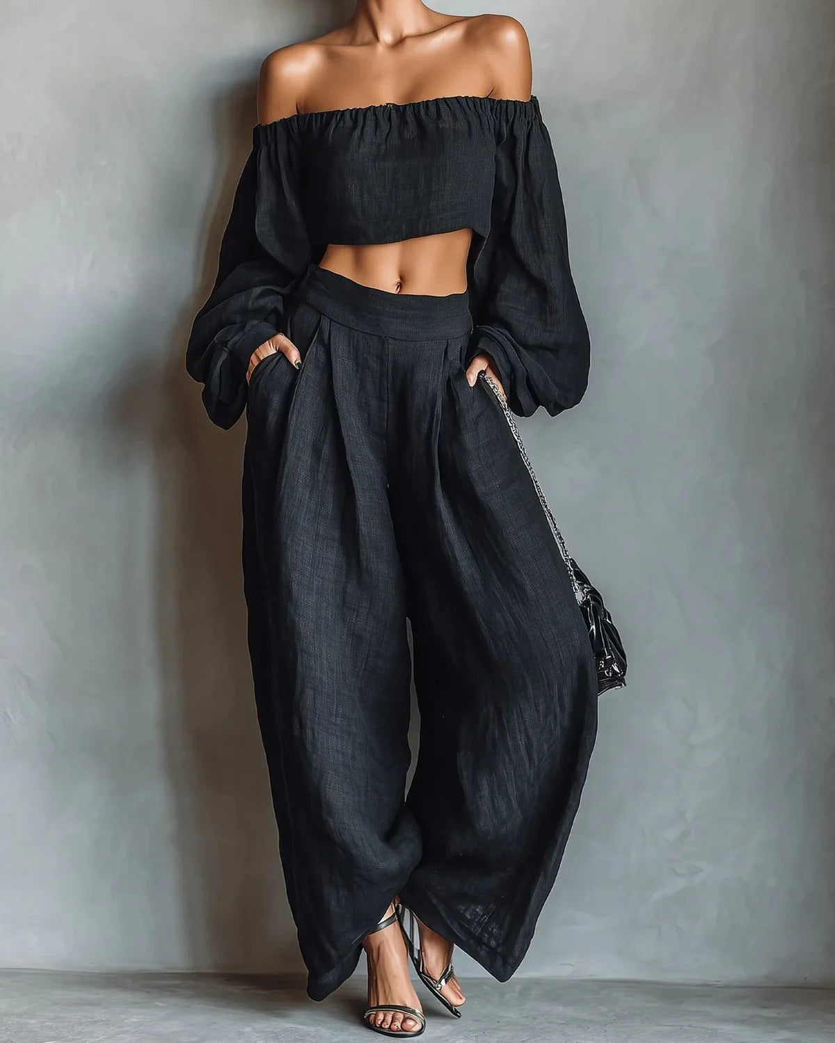 Ensemble top épaules dénudées et pantalon large