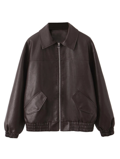 Veste en cuir PU synthétique courte décontractée, avec zip  - style Streetwear vintage