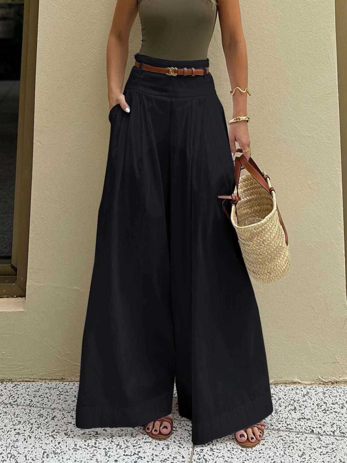 Pantalon large en coton plissé