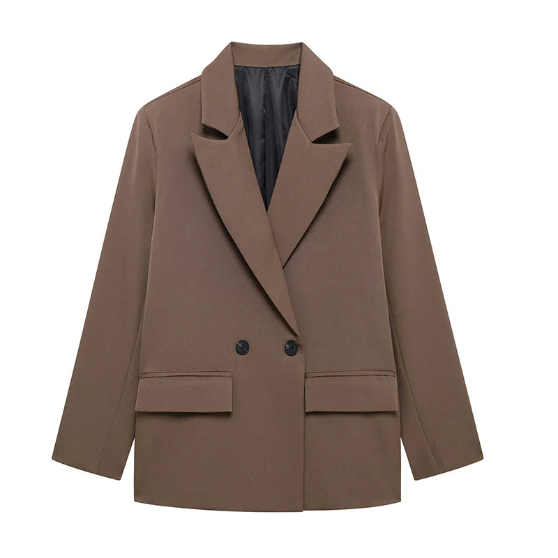 Blazer oversize uni à double boutonnage à manches longues, Col cranté - Vintage