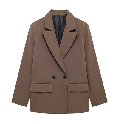 Blazer oversize uni à double boutonnage à manches longues, Col cranté - Vintage