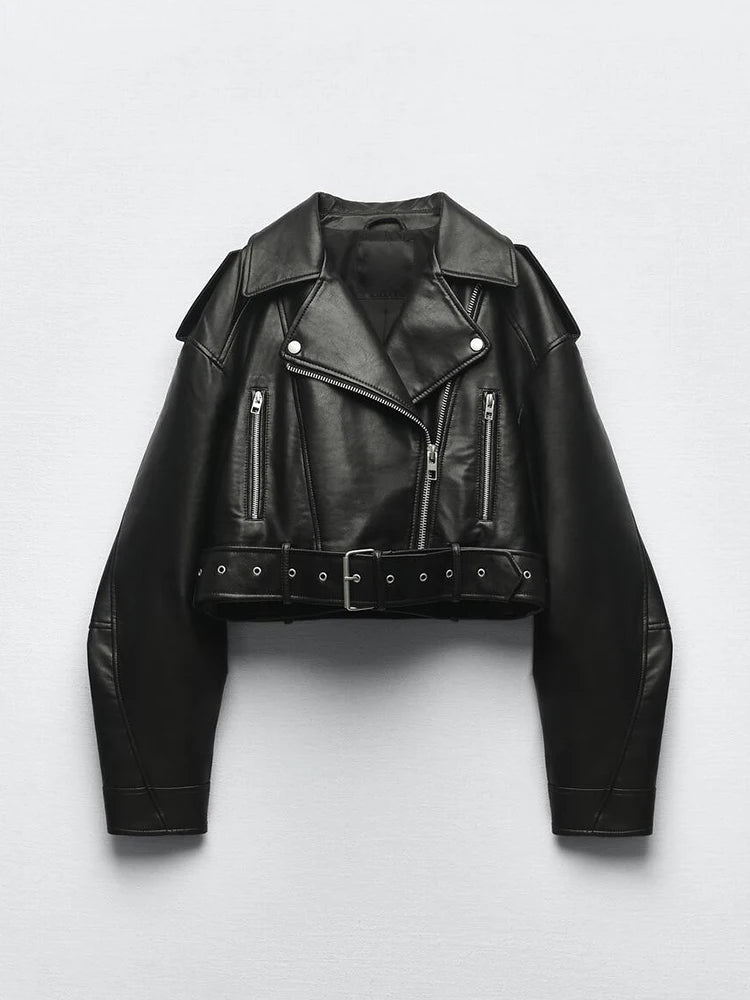 Veste courte en similicuir PU avec ceinture et fermeture éclair - biker style