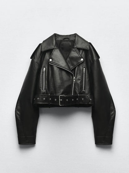 Veste courte en similicuir PU avec ceinture et fermeture éclair - biker style