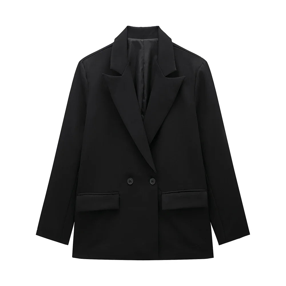Blazer oversize uni à double boutonnage à manches longues, Col cranté - Vintage