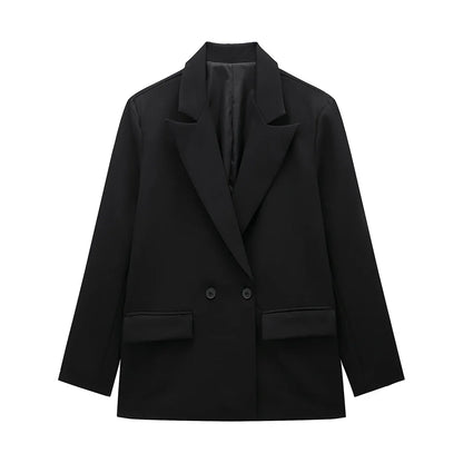 Blazer oversize uni à double boutonnage à manches longues, Col cranté - Vintage
