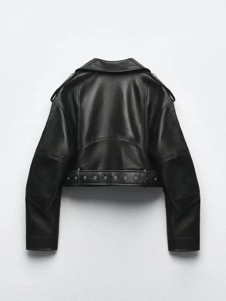 Veste courte en similicuir PU avec ceinture et fermeture éclair - biker style