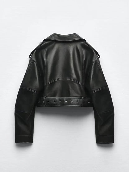 Veste courte en similicuir PU avec ceinture et fermeture éclair - biker style