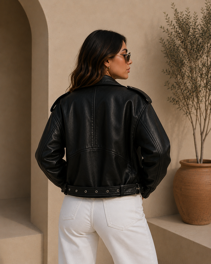 Veste en cuir PU synthétique courte décontractée, avec zip  - style Streetwear vintage