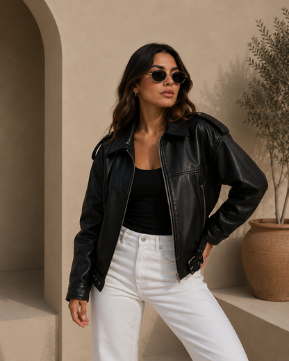 Veste en cuir PU synthétique courte décontractée, avec zip  - style Streetwear vintage