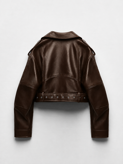 Veste courte en similicuir PU avec ceinture et fermeture éclair - biker style