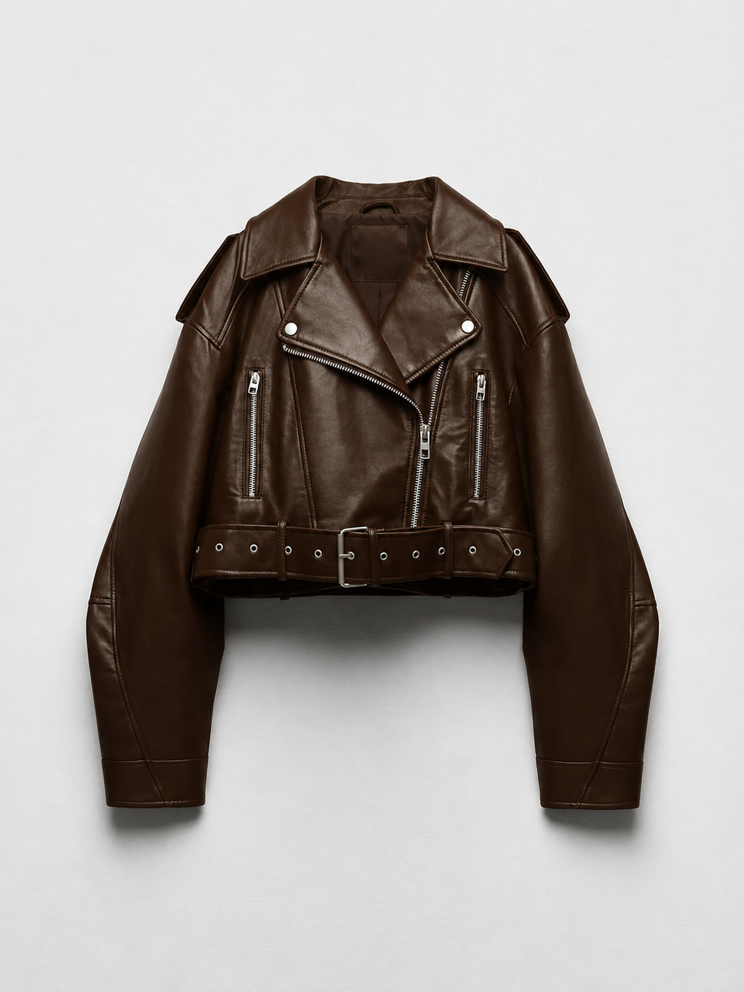 Veste courte en similicuir PU avec ceinture et fermeture éclair - biker style