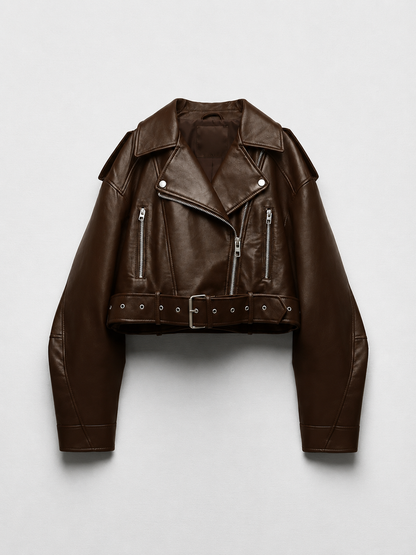 Veste courte en similicuir PU avec ceinture et fermeture éclair - biker style