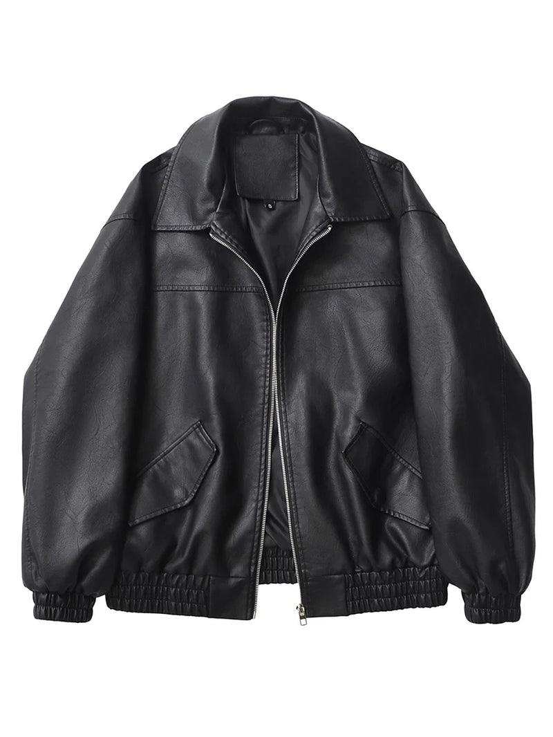 Veste en cuir PU synthétique courte décontractée, avec zip  - style Streetwear vintage