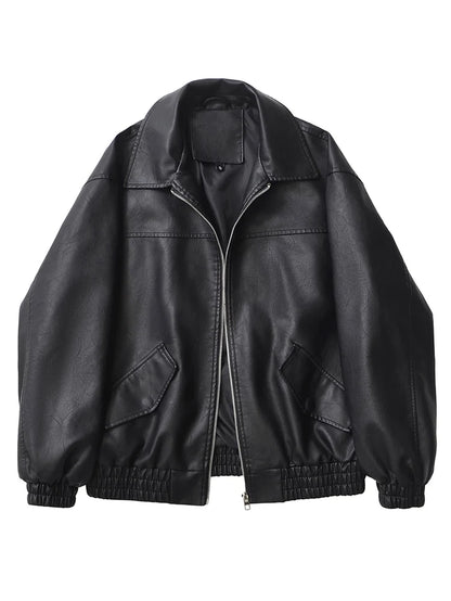 Veste en cuir PU synthétique courte décontractée, avec zip  - style Streetwear vintage