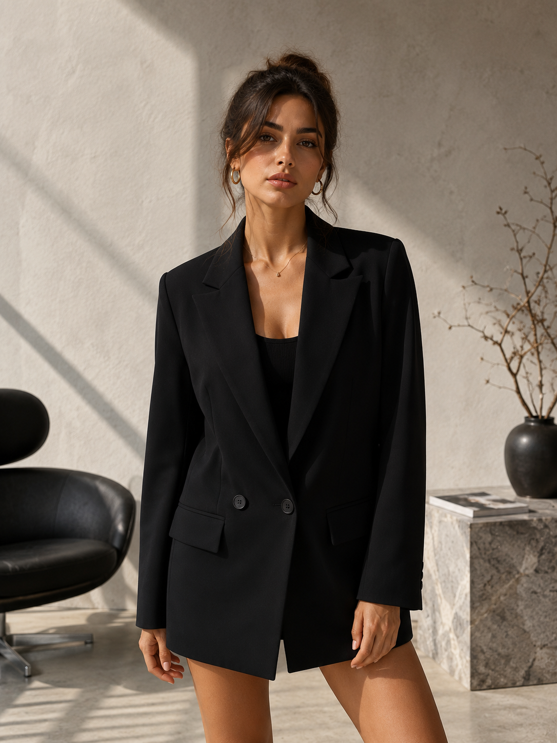 Blazer oversize uni à double boutonnage à manches longues, Col cranté - Vintage
