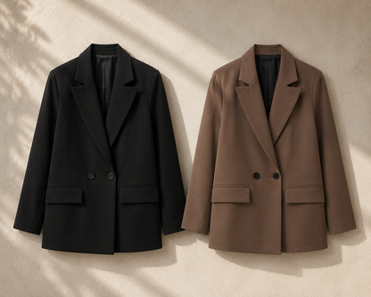 Blazer oversize uni à double boutonnage à manches longues, Col cranté - Vintage