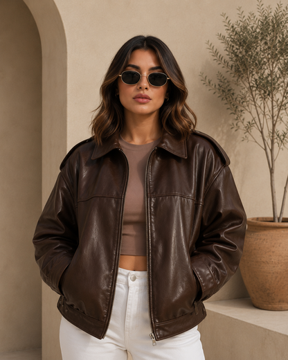 Veste en cuir PU synthétique courte décontractée, avec zip  - style Streetwear vintage