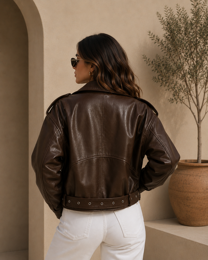 Veste en cuir PU synthétique courte décontractée, avec zip  - style Streetwear vintage